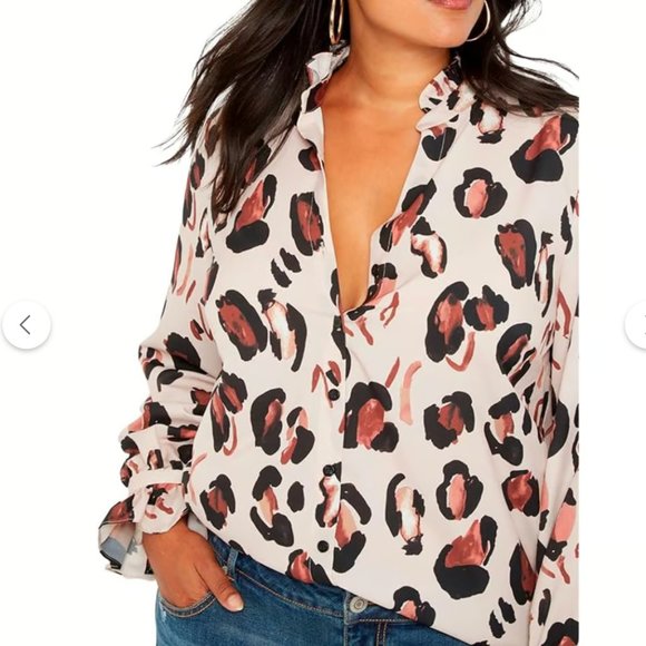 Eloquii Cheetah Print Ruffle Neck and Sleeve Blouse Size 18 - Picture 2 of 9